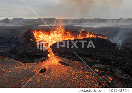 Beautiful aerial panoramatic view of active volcano, Litli - Hrutur, Iceland 2023 Beautiful aerial panoramatic view of active volcano, Litli - Hrutur, Iceland 2023 105248704