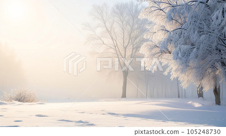 beautiful cold morning winter snow background with trees forest  and mountain in the background, Gently snow view against the blue sky, free space for your decoration. for your decoration. Wide panora 105248730