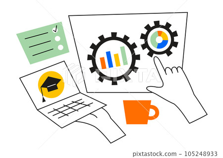 Data science online courses, distant education in digital professions, marketing and data analysis, hand holding laptop, working with diagrams and charts on screen, vector hand drawn composition Data science online courses, distant education in digital professions, marketing and data analysis, hand holding laptop, working with diagrams and charts on screen, vector hand drawn composition 105248933