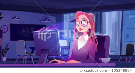 Young business woman working in office at night Young business woman working in office at night 105248994