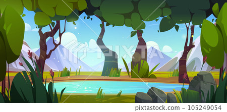 Clear blue lake in forest at foot of mountains 105249054