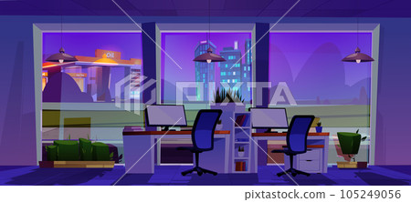 Night office room interior with desk near window 105249056