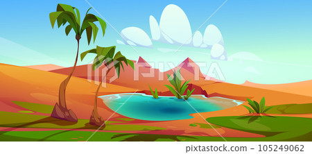 Palm tree in desert oasis cartoon vector landscape 105249062