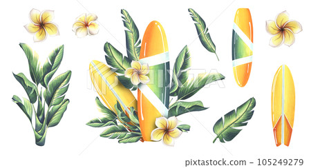 Surfboard in yellow and green with stripes with tropical leaves and plumeria flowers. Watercolor illustration hand drawn. Set of isolated elements stickers on a white background. Surfboard in yellow and green with stripes with tropical leaves and plumeria flowers. Watercolor illustration hand drawn. Set of isolated elements stickers on a white background. 105249279