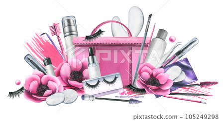 Pink cosmetic bag with tools for artificial eyelash extensions, brushes, false eyelashes, products in bottles. Watercolor illustration, hand drawn. Isolated composition on a white background 105249298