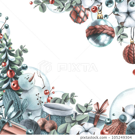 Winter, New Year, Christmas border with snowman, knitted things, cotton, Christmas balls, toys, gifts. Watercolor illustration hand drawn, template on a white background Winter, New Year, Christmas border with snowman, knitted things, cotton, Christmas balls, toys, gifts. Watercolor illustration hand drawn, template on a white background 105249304