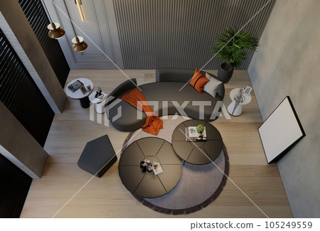 Modern living room interior design contemporary, with natural tones on the room, walls, floor and ceiling.rendering illustration 105249559