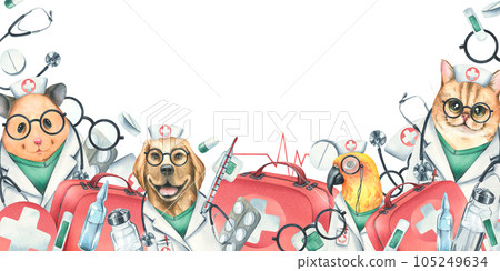 Dog, cat, hamster, parrot doctors in a dressing gown, glasses, with a stethoscope, a suitcase and medical instruments, injections. Watercolor illustration hand drawn. Template on white background Dog, cat, hamster, parrot doctors in a dressing gown, glasses, with a stethoscope, a suitcase and medical instruments, injections. Watercolor illustration hand drawn. Template on white background 105249634