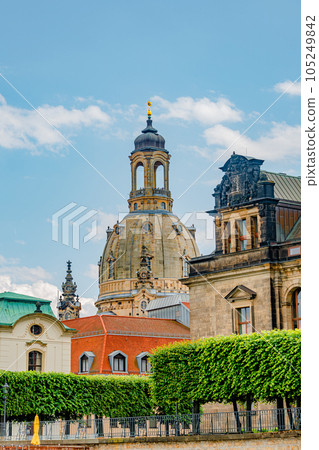 Church of Our Lady at Neumarkt square in downtown of Dresden in summer sunny day with blue sky, Germany, details, closeup. Church of Our Lady at Neumarkt square in downtown of Dresden in summer sunny day with blue sky, Germany, details, closeup. 105249842