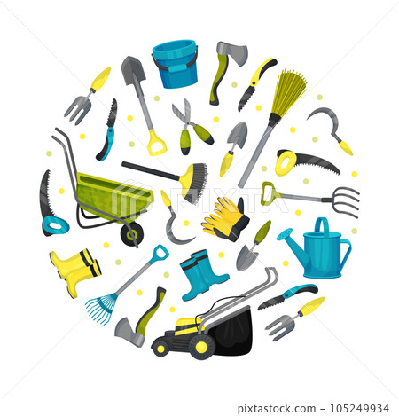 Garden Tools Round Composition with Handy Instrument Vector Template Garden Tools Round Composition with Handy Instrument Vector Template 105249934