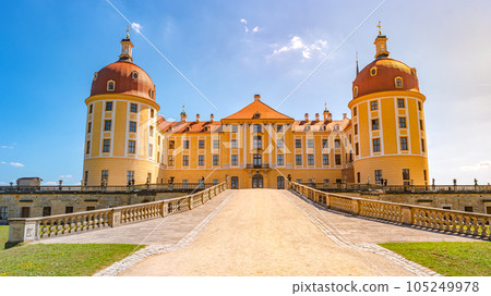 Moritzburg, Saxony, Germany, Famous ancient Moritzburg Castle, main entrance, near Dresden at sunny summer day with blue sky 105249978