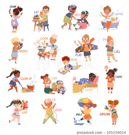 Funny Kids Engaged in Different Activities Demonstrating English Verb Big Vector Set Funny Kids Engaged in Different Activities Demonstrating English Verb Big Vector Set 105250014