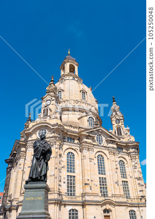 Monument of Martin Luther at  Neumarkt square at Church of our Lady in downtown of Dresden, a theologist, composer, priest, who has started Reformation in Catholic Church, Germany 105250048