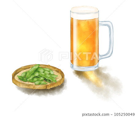 Watercolor beer mug and green soybeans on bamboo (with shadow) 105250049