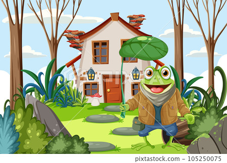 Green Frog Cartoon Character in Fantasy Forest Green Frog Cartoon Character in Fantasy Forest 105250075