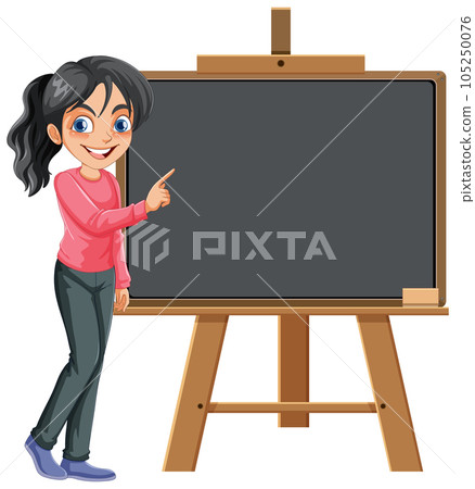 Cute woman pointing at the empty board cartoon character 105250076