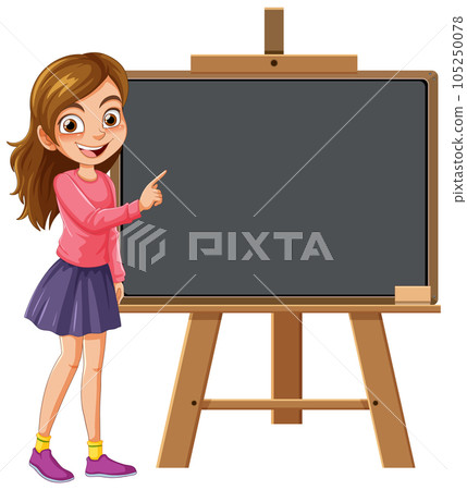 Cute woman pointing at the empty board cartoon character 105250078