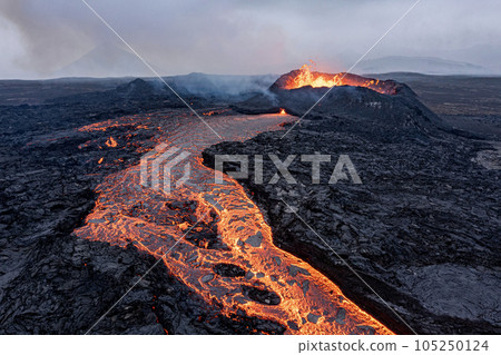 Aerial Panoramic view of Volcano Eruption, Litli Hrutur Hill, Fagradalsfjall Volcano System in Iceland. Reykjanes Peninsula. High Resolution Ultra Wide Image. Aerial Panoramic view of Volcano Eruption, Litli Hrutur Hill, Fagradalsfjall Volcano System in Iceland. Reykjanes Peninsula. High Resolution Ultra Wide Image. 105250124