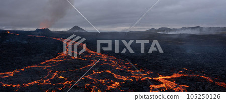 Aerial Panoramic view of Volcano Eruption, Litli Hrutur Hill, Fagradalsfjall Volcano System in Iceland. Reykjanes Peninsula. High Resolution Ultra Wide Image. Aerial Panoramic view of Volcano Eruption, Litli Hrutur Hill, Fagradalsfjall Volcano System in Iceland. Reykjanes Peninsula. High Resolution Ultra Wide Image. 105250126