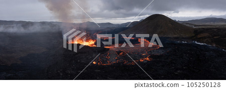 Aerial Panoramic view of Volcano Eruption, Litli Hrutur Hill, Fagradalsfjall Volcano System in Iceland. Reykjanes Peninsula. High Resolution Ultra Wide Image. 105250128