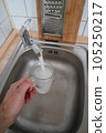 Filling a glass with tap water for drinking by holding it in man hand at the sink in the kitchen 105250217