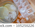Sparkling water with bubbles in a big transparent glass filled with ice cubes and lemon, a soft plastic form to make ice cubes in the freezer. Solution to overcome extreme high temperature in summer 105250226