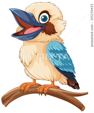 A smiling kookaburra bird standing on a tree branch, isolated on a white background 105250435