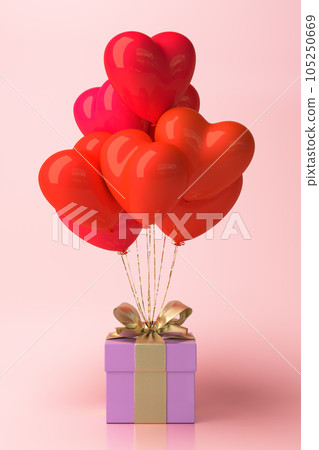 Bunch of heart shaped foil balloons and gift on pink background. Bunch of heart shaped foil balloons and gift on pink background. 105250669