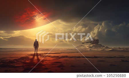 Robot and man meet the dawn on the red earth made with generative AI Robot and man meet the dawn on the red earth made with generative AI 105250880