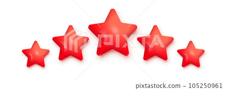 5 red stars for product review vector illustration. 3d five ranking symbols in row for feedback, satisfaction opinion on website service or mobile app isolated on white background 105250961