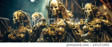 futuristic robot actor in mask on a stage in a theater, banner made with Generative AI 105251005