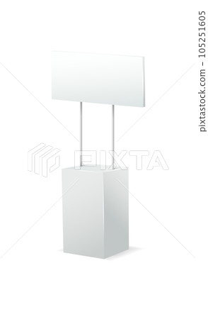 Advertising stands. Realistic modern simple, 3d promotional desk with sign top, clean empty promo tables with signboard white mockup. Vector 105251605