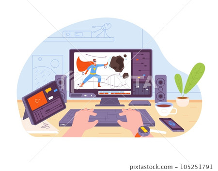 Creator video animations. Computer screen of motion designer animator, game artist pc desk software for creating editor graphic content art studio workplace splendid vector concept Creator video animations. Computer screen of motion designer animator, game artist pc desk software for creating editor graphic content art studio workplace splendid vector concept 105251791