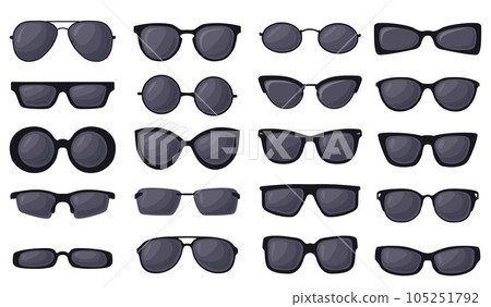 Black eyewear. Sunglasses silhouette, polarized glasses sun uv eye protection aviation vintage model with cool shades lens ocular health dark spectacles, neat vector illustration 105251792