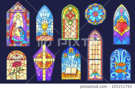 Cartoon stained glass. Beautiful stain church windows frames christian or catholic religious, coloring mosaic window with christmas gothic cathedral temple neat vector illustration 105251793