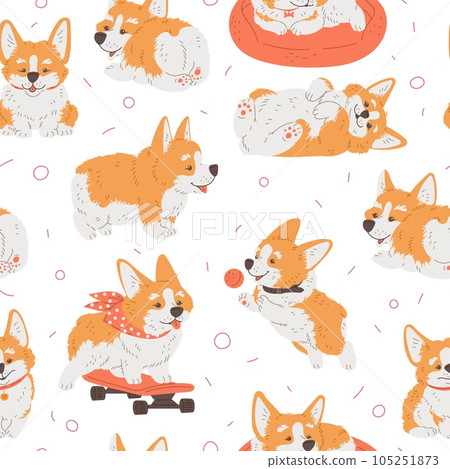 Seamless vector pattern with cartoon cute Corgi dog in various poses, enjoy ride on pink skateboard, caressing, playing 105251873