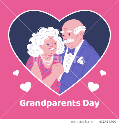 Cartoon grandmother in elegant dress, grandfather in suit with bow tie, Grandparents day vector doodle poster with heart Cartoon grandmother in elegant dress, grandfather in suit with bow tie, Grandparents day vector doodle poster with heart 105251899