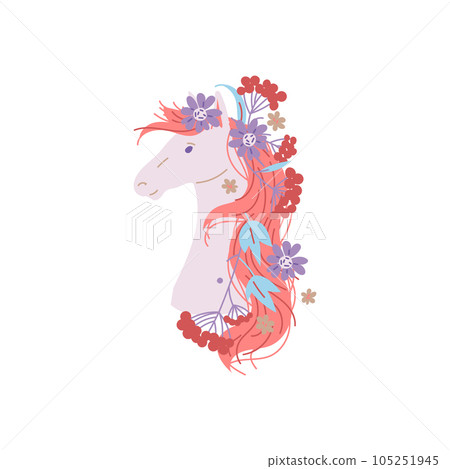 Hand drawn vector illustration of white horse head with pink mane, flowers and rowan, fairy tale fantastic character 105251945