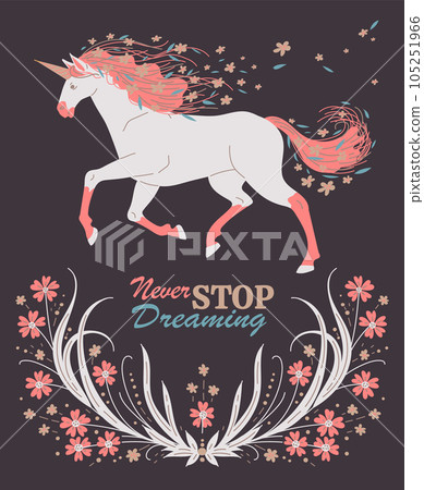 Hand drawn vector motivational poster with white horse unicorn with floral ornament and lettering, fantastic horse card Hand drawn vector motivational poster with white horse unicorn with floral ornament and lettering, fantastic horse card 105251966