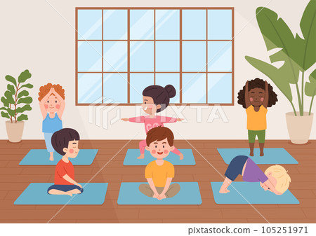 Yoga children class, cute girls and boys in yoga pose, happy little kids doing yoga healthy exercise vector illustration Yoga children class, cute girls and boys in yoga pose, happy little kids doing yoga healthy exercise vector illustration 105251971