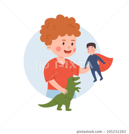 Happy ginger boy holding superman and dragon toy, kid plays with favorite toy, entertainment cartoon vector illustration 105252263