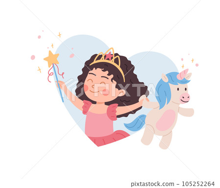 Cute girl with diadem holding unicorn and magic wand, kid plays with favorite toy cartoon character vector illustration Cute girl with diadem holding unicorn and magic wand, kid plays with favorite toy cartoon character vector illustration 105252264