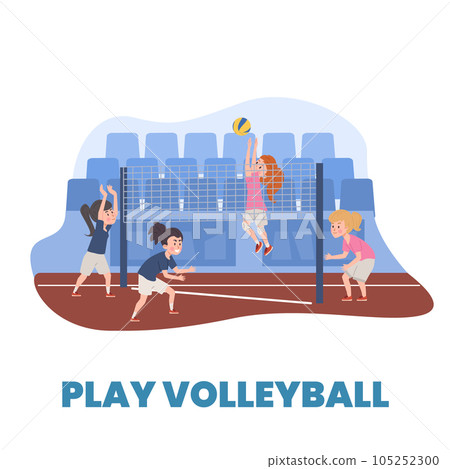 Girls teams playing volleyball on court against of the seating area, happy children playing sport game vector poster Girls teams playing volleyball on court against of the seating area, happy children playing sport game vector poster 105252300
