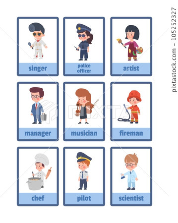 Different jobs and professions, infographic cards set with cute kids, flat vector illustration on white background. 105252327