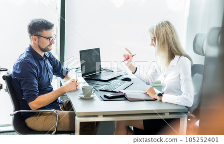 Business meeting. Client consulting. Confident business woman, real estate agent, financial advisor explaining details of project or financial product to client in office Business meeting. Client consulting. Confident business woman, real estate agent, financial advisor explaining details of project or financial product to client in office 105252401