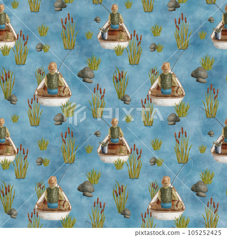 Watercolor fisherman in boat seamless pattern. Hand drawn fisher with fishing rod in wooden rowing boat, reed plants on blue water background. Angling hobby, camping scene. Summer outdoor recreation 105252425