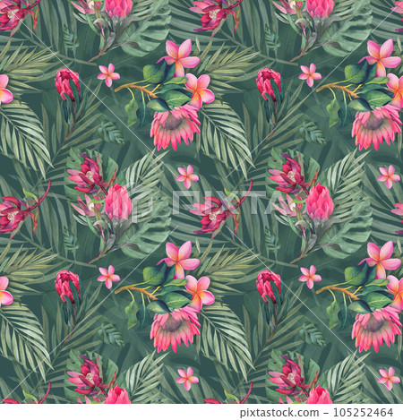 Watercolor seamless pattern with monstera and palm tropical leaves and protea flowers. Jungle design illustration for fabrics, covers, prints. hand drawn botanical illustration 105252464