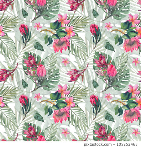 Watercolor seamless pattern with monstera and palm tropical leaves and protea flowers. Jungle design illustration for fabrics, covers, prints. hand drawn botanical illustration Watercolor seamless pattern with monstera and palm tropical leaves and protea flowers. Jungle design illustration for fabrics, covers, prints. hand drawn botanical illustration 105252465