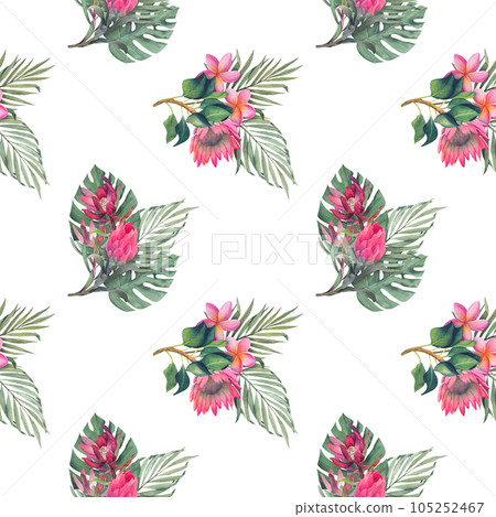 Watercolor seamless pattern with monstera and palm tropical leaves and protea flowers. Jungle design illustration for fabrics, covers, prints. hand drawn botanical illustration Watercolor seamless pattern with monstera and palm tropical leaves and protea flowers. Jungle design illustration for fabrics, covers, prints. hand drawn botanical illustration 105252467