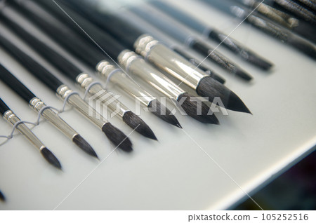 Paintbrushes of various sizes with wooden handle and natural bristle on white surface, displayed for sale in art store 105252516